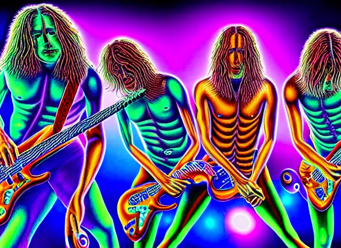 Image similar to The band tool performing live, colorful, photo realistic, Alex Grey, 8k, detailed,