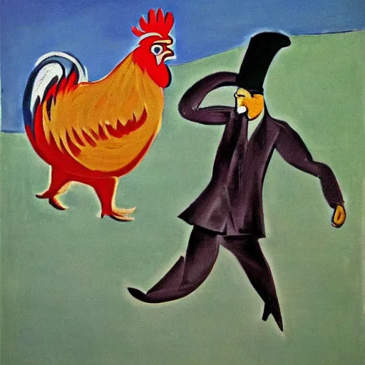 Prompt: russian man chasing a rooster, painting by picasso, very high quality