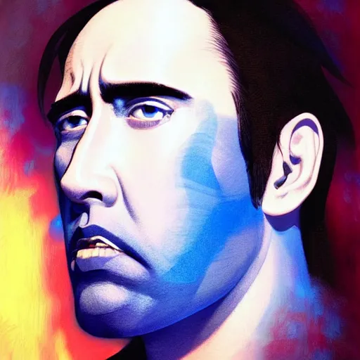 Image similar to prompt : blue nicolas cage illustration portrait soft light painted by james jean and katsuhiro otomo and erik jones, inspired by evangeleon anime, smooth face feature, intricate oil painting, high detail illustration, sharp high detail, manga and anime 1 9 9 9