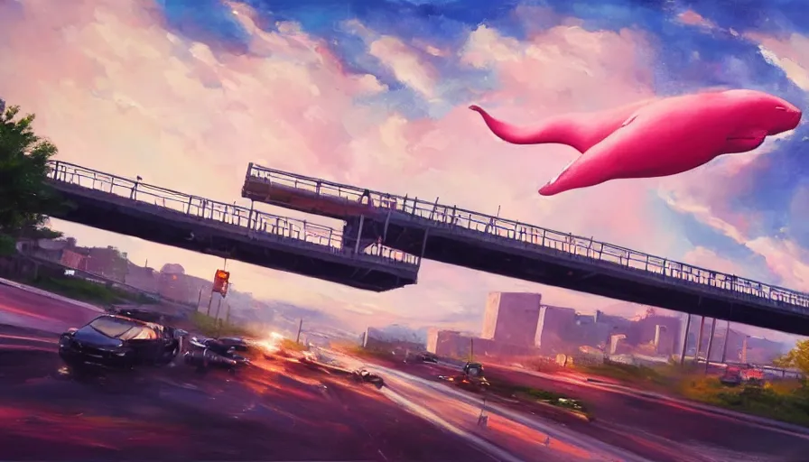 Image similar to an oil painting of a giant pink whale falling out of a blue sky onto cars on a busy bridge, realistic, cinematic lighting