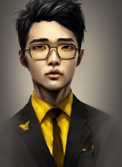 Image similar to a highly detailed illustration of attractive short black haired young asian man wearing suit, yellow eyes, dramatic thinking pose, intricate, elegant, highly detailed, centered, digital painting, artstation, concept art, smooth, sharp focus, league of legends concept art, WLOP