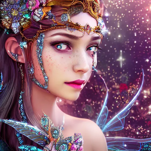 Image similar to portrait of fairy princess, glowing, ornate and intricate jewelry, jaw dropping beauty, glowing background lighting, white accent lighting, hyper detailed, fairy tale, 4 k octane render