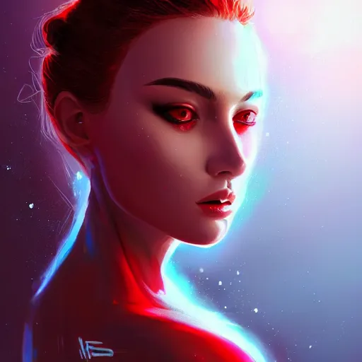 Prompt: Portrait of very very very very very very beautiful woman, spacesuit, red eyes, intricate, elegant, highly detailed, digital painting, artstation, concept art, smooth, sharp focus, illustration