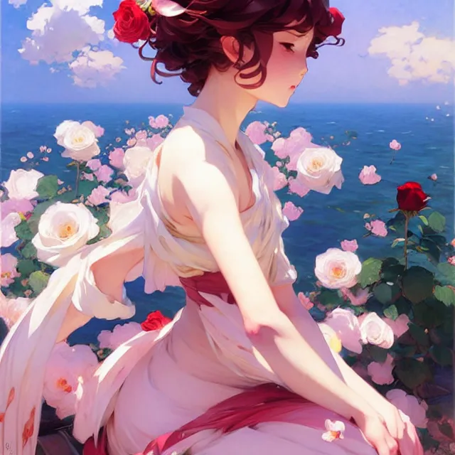 Prompt: beautiful rose anime girl, krenz cushart, mucha, ghibli, by joaquin sorolla rhads leyendecker, by ohara koson