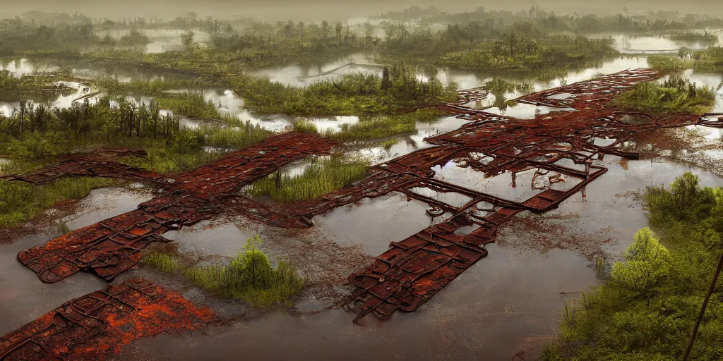 Image similar to a muddy swamp littered with rusted submerged cars and vegetation covered construction equipment, wooden walkway winding through the middle, game art matte painting hyperdetailed, artstation, cgsociety, 8k, surreal dream landscape