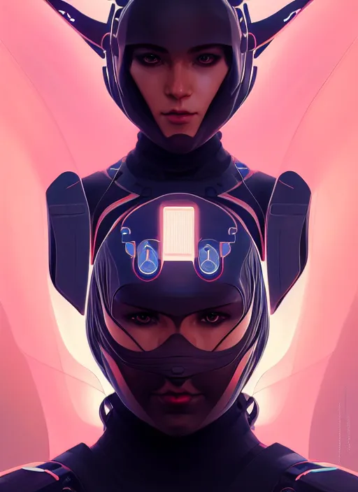 Image similar to symmetry!! portrait of futuristic ninja, sci - fi, tech wear, intricate, elegant, highly detailed, digital painting, artstation, cinematic lighting, concept art, smooth, sharp focus, illustration, art by artgerm and greg rutkowski and alphonse mucha, 8 k