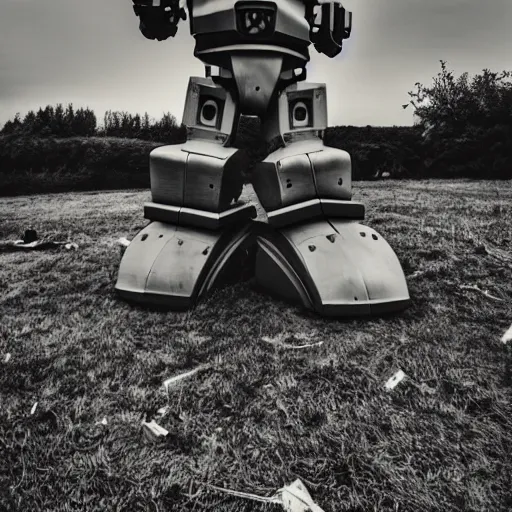 Image similar to giant robot at night with eyes smiling, grainy, vintage, stark light, dramatic lighting, evil smile, countryside at night, trash on the ground, night sky, scary, evil