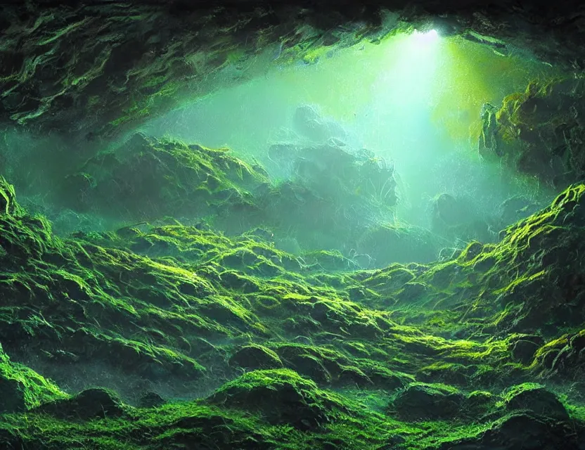 Prompt: futuristic disco in a mossy dripstone cave. oil painting by award - winning concept artist. backlighting, chiaroscuro, field of depth.