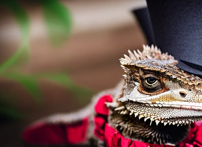 Image similar to dslr portrait still of a bearded dragon wearing a top hat and a red bowtie, 8 k 8 5 mm f 1. 4