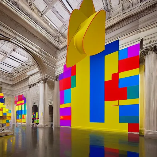 Image similar to wide shot, one photorealistic rubber duck in foreground on a pedestal in an cavernous museum gallery, metropolitan museum of art, the walls are covered with colorful geometric wall paintings in the style of sol lewitt, tall arched stone doorways, through the doorways are more wall paintings in the style of sol lewitt.