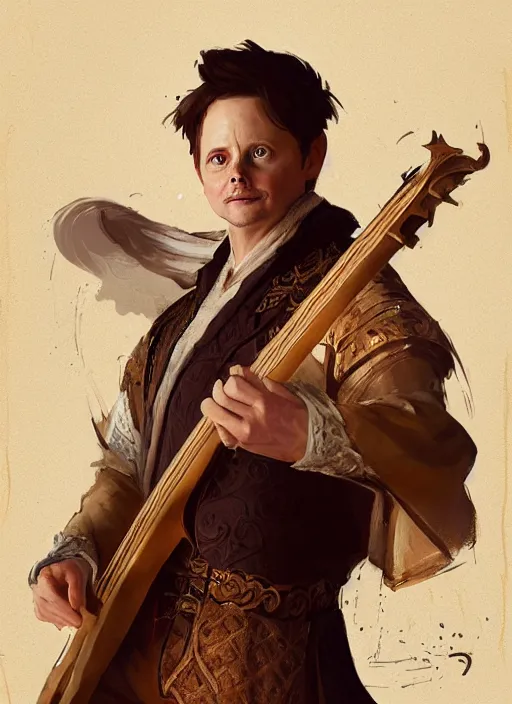 Image similar to illustration of michael j fox as a bard dressed in renaissance clothing with a goatee, by greg rutkowski artstation