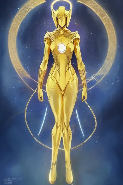 Image similar to anime key visual of a beautiful young female doctor fate!! intricate, gold and blue suit, cape, glowing, powers, dc comics, cinematic, stunning, highly detailed, digital painting, artstation, smooth, hard focus, illustration, art by artgerm and greg rutkowski and alphonse mucha