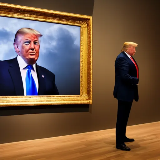 Prompt: trump watching a huge trump portrait in a museum, studio lighting, photography, highly detailed, 4 k