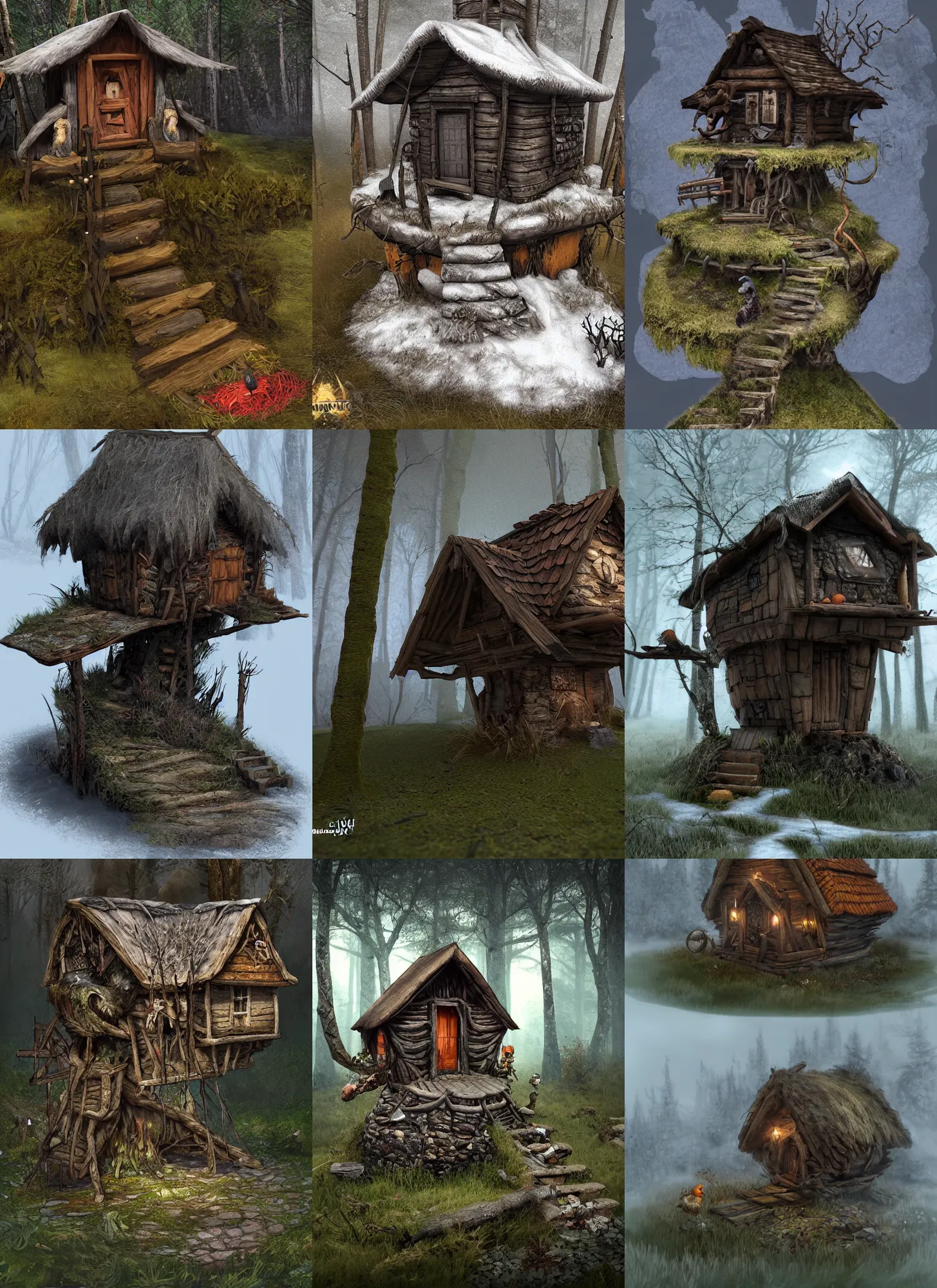 Prompt: hut on chicken legs a dark fantasy house Proto-Slavic mythology, a forest hut on chicken legs, where there are no windows or doors Houses with blank walls and an entrance through a hatch in the floor, a house raised 2-3 meters above the ground, Baba Yaga, full body, detailed and realistic, 4k, top-artstation, inspired blizzard games, octane render