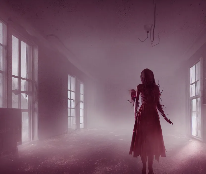 Image similar to Gothic girl standing on an abandoned hospital room with red ceiling lighting and several blue lights on the walls, gloomy and foggy atmosphere, octane render, artstation trending, horror scene, highly detailded