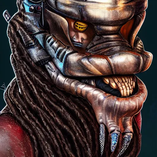 Image similar to predator 1 9 8 7 mask redesign, portrait, highly detailed, dreadlocks, mandables, digital painting, trending on artstation, concept art, illustration