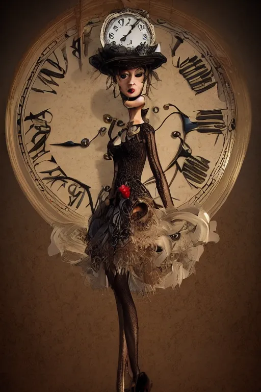 Image similar to a anthropomorphic clock, silk hat, full body, dark fantasy, concept art, gothic, intricate, ornate, ultra realistic, octane render