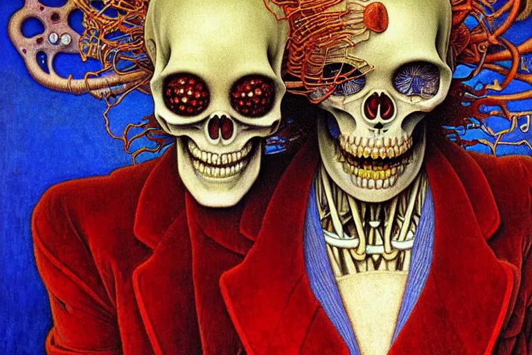 Image similar to realistic detailed closeup portrait painting of a single skeleton wearing red velvet blazer in a crowded futuristic moscow street by Jean Delville, Amano, Yves Tanguy, Alphonse Mucha, Ernst Haeckel, Edward Robert Hughes, Roger Dean, rich moody colours, blue eyes