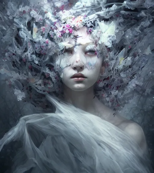 Prompt: a beautiful terrifying ghost spirit sad female portrait black eyes twisted trees, floating cloth whirlpool, butterfly, blooming made of flowers, hardlighting ethereal horror fantasy art by and raymond swanland and monet, ruan jia, xparticles by wlop, 4 k hd artstation concept art greyscale