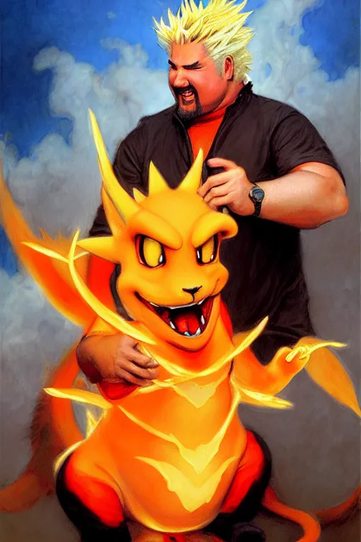 Image similar to guy fieri with a charizard painting by gaston bussiere, craig mullins