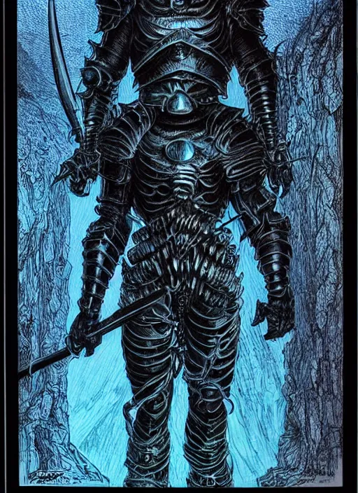 Prompt: emon knight in eldritch armor, blacklight poster on black paper, beautifully symmetrical, high detail render, by bernie wrightson greg rutowsk james jean