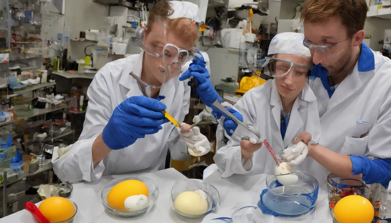 Prompt: Scientist measuring eggs with a caliper.