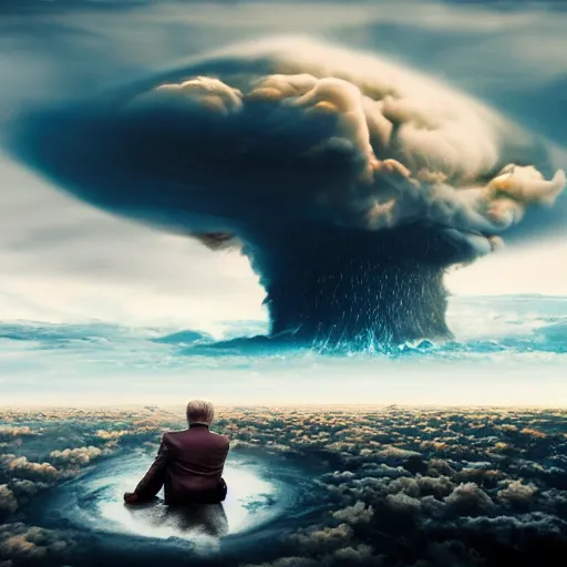 Prompt: trump sitting on a atom bomb falling into a hurricane, trending on artstation, photorealistic, high resolution, octane, unreal engine, digital,