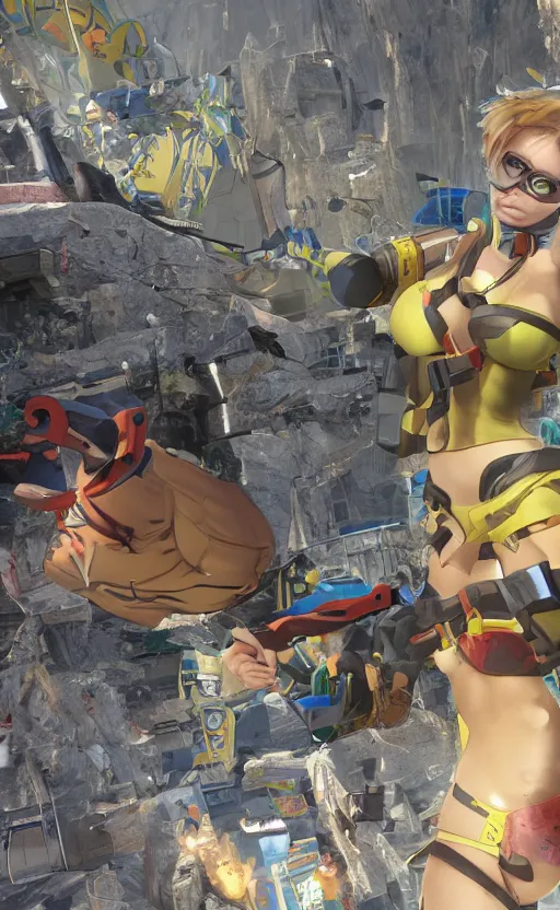Image similar to tracer game character, in yellow bikini, blonde hair, black eyes, full height