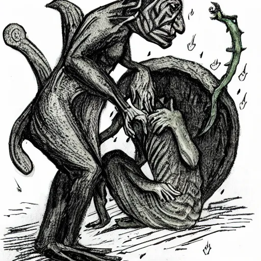 Image similar to Changeling bard standing over a sobbing lizard man in fetal position, sad, depressing, dark color schema, raining, in the style of Eric Carle