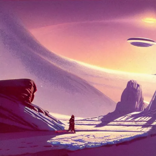 Image similar to Frozen frontiers on an alien planet, mountains above clouds in the background, Syd Mead, John Harris, Federico Pelat,