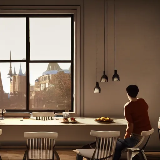 Prompt: apartment in an old Soviet panel building on the top floor, near the window there is a table which is being prepared for dinner, the family is setting the table, outside the window it is evening, a depressing cityscape and a glowing sphere hovering in the sky, realistic rendering, warm dim lighting