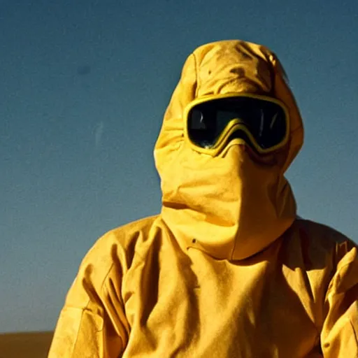 Image similar to a man wearing a hazmat suit and goggles, in the desert, film still, directed by vince gilligan