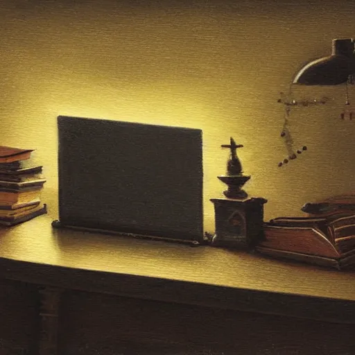 Image similar to a painting by greg rutkowski of a desktop in a dark room at night illuminated with by a small glowing orb. on the desk sits a closed book and a small wooden box with ornate sculptured decoration. also on the desk are, paper airplane, an ancient scroll scroll, pencils, pens, airplane magazine, high angle view, close up on book.