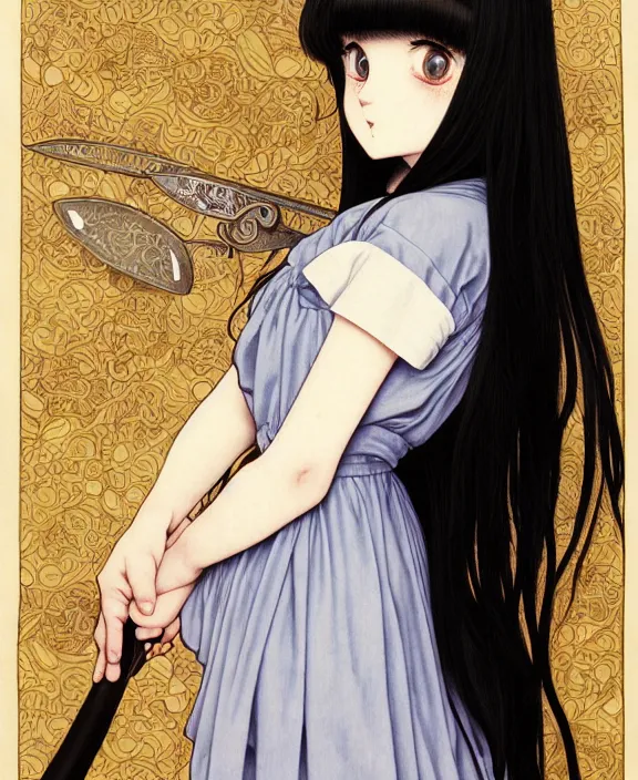 Image similar to portrait of a morbid 18 year old young woman wearing a cottage-core aesthetic dress with straight silky black hair, in a butcher shop, holding a butcher knife, insanely and epically detailed high-quality small details, beautiful golden ratio, exquisitely detailed soft shadowig style, epic illustration style, style of Range Murata and by Alphonse Mucha and by Katsuhiro Otomo.