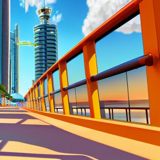 Image similar to oceanfront walkway, futuristic city, colorful city, curved railing, long railing, shining sea, cel - shading, 2 0 0 1 anime, cel - shaded, bright sunshine, jet set radio, mirror's edge, raytracing, toon - shading, strong shadows