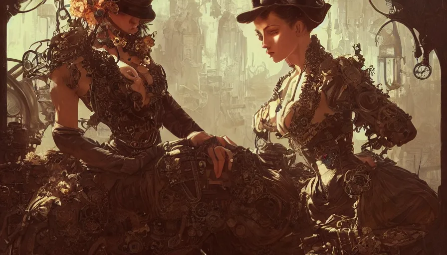 Image similar to steampunk, masterpiece, pinup, mcfarlane, fibonacci, sweat drops, insane, horror, intricate, highly detailed, digital painting, artstation, concept art, smooth, sharp focus, illustration, unreal engine 5, 8 k, art by artgerm and greg rutkowski and alphonse mucha