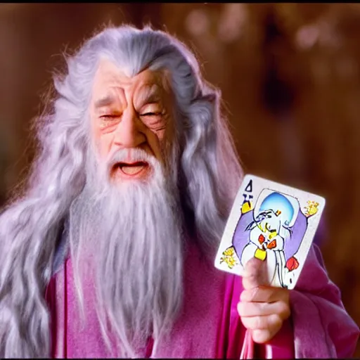 Image similar to portraid of happy gandalf wearing a Hello Kitty costume, holding a blank playing card up to the camera, movie still from the lord of the rings