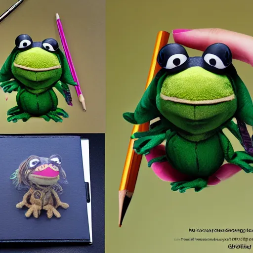 Image similar to photorealistic real life frog cleric as a transparent mesh chibi muppet plush wearing a wolf skull on its head and carrying a tiny sketch book and pencil, photography, national geographic, sesame street