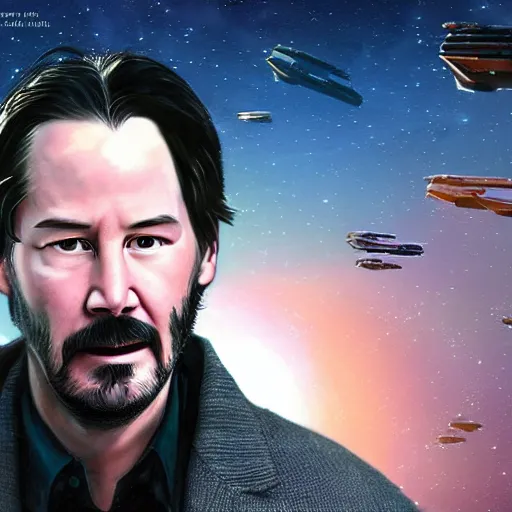 Prompt: keanu reeves as walter white! dream space battle between huge ships, star wars, futurism, scifi, rendered scene, computer graphics, 3 d render, spaceship, rendered scene, concept art, epic, concept, large scale, very high quality, super high resolution, scifi, space, ship, render