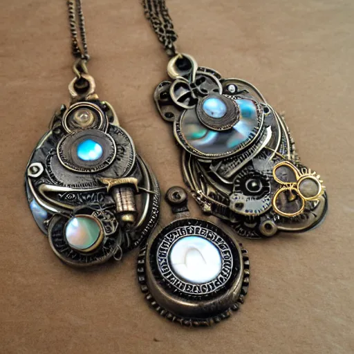 Image similar to steampunk jewelry with mother of pearl