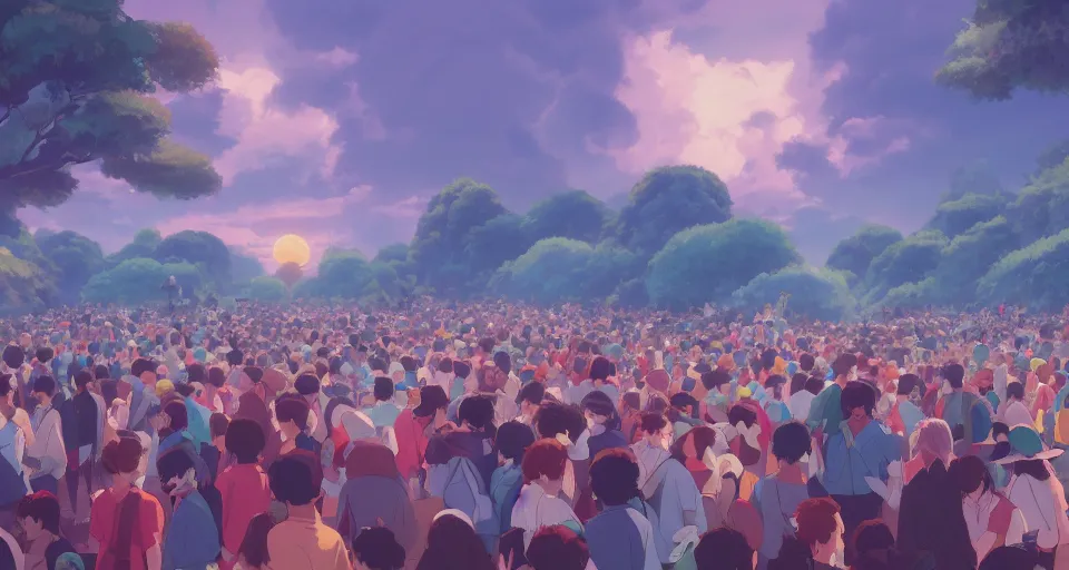 Prompt: a beautiful painting of crowd at an event by studio ghibli, gigantic, octane render, brilliantly coloured, intricate, ultra wide angle, trending on artstation, dusk, volumetric lighting, polished, micro details, ray tracing, 8k