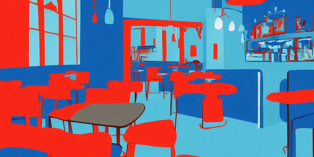 Image similar to cafe interior, blue and red tones, animated film, illustration