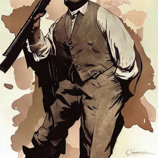 Image similar to gk chesterton as a hero with muscles and a shotgun. portrait by james gurney and craig mullins and alphonso mucha. realistic face. expressive face.