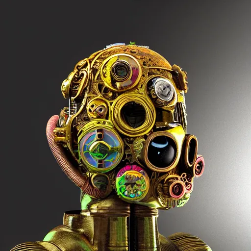 Image similar to a claymodel of a steampunk rococo spaced out futuristic robot head wearing multicolored tubes, 8 k, front shot, symetrical, flourescent colors, halluzinogenic, multicolored, exaggerated detailed, front shot, 3 d render, octane