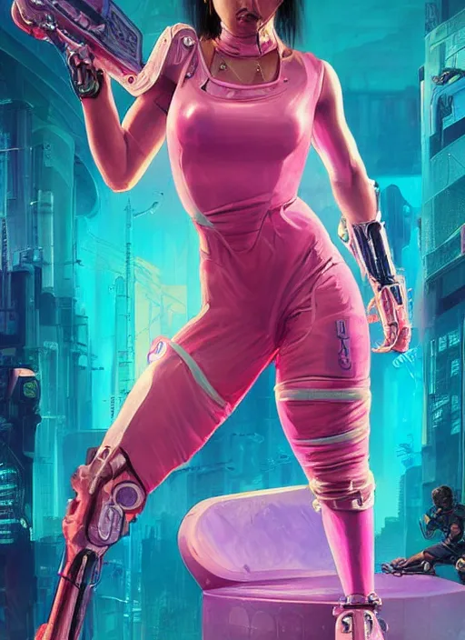 Image similar to beautiful cyberpunk female athlete in pink jumpsuit. lady with blades in arms. ad for cybernetic blade arms. cyberpunk poster by james gurney, azamat khairov, and alphonso mucha. artstationhq. gorgeous face. painting with vivid color, cell shading. ( rb 6 s, cyberpunk 2 0 7 7 )
