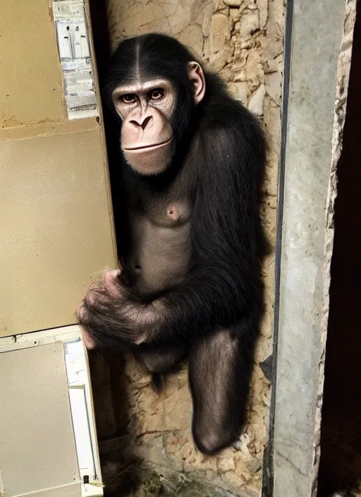 Image similar to scary hybrid human - ape, half human half ape inside fuse box in post communist apartment building