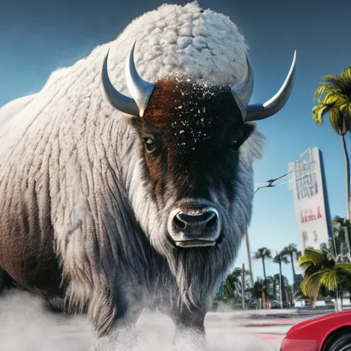 Image similar to a buffalo in the urban streets, covered in white flour, white powder bricks, miami heat colors, gta cover, south beach colors, 8 k, dynamic lighting, hdr, trending on artstation, ultra detailed, professional illustration, unreal engine