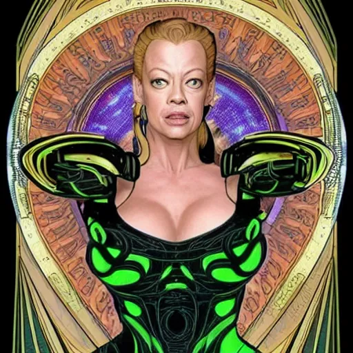 Image similar to Jeri Ryan in the role of Seven of Nine the Borg from star trek, art nouveau, amazing details, intricate details, beautiful ,insane details , tarot card, black paper, neon green, fractal system circuit , in the style of Alphonse Mucha,
