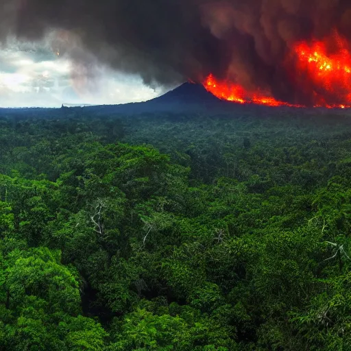 Prompt: the end of days, with fire rain in a lush moist forest with old mayan ruins, dark smoke in the clouds, dusk, masterpiece 4k, intricate details, realistic, panoramic view, Hyperdetailed, 8k resolution, photorealistic