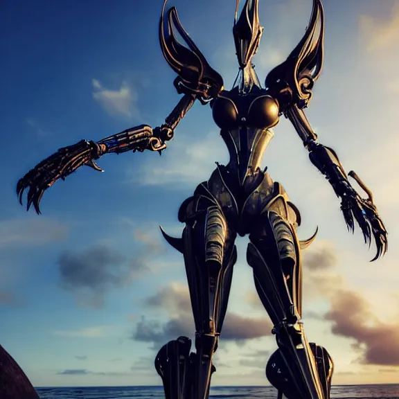 Image similar to looking up at a highly detailed 300 foot tall giant elegant exquisite beautiful stunning valkyr female warframe, as an anthropomorphic robot dragon, posing elegantly over your tiny form, detailed legs looming over you, camera on the ground, at the beach on a sunset, sleek streamlined design, streamlined matte black armor, sharp detailed claws, detailed sharp robot dragon feet, worms eye view, giantess shot, camera close to the legs, upward shot, ground view shot, leg shot, front shot, epic cinematic shot, high quality warframe fanart, captura, realistic, professional digital art, high end digital art, furry art, giantess art, anthro art, DeviantArt, artstation, Furaffinity, 8k HD render, epic lighting